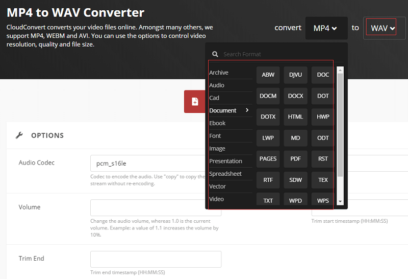 Интерфейс CloudConvert для преобразования MP4 в WAV с параметром Audio Codec