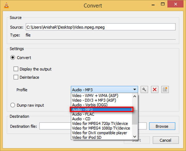 Окно Convert VLC с MPEG-файлом и выбранным профилем Audio MP3