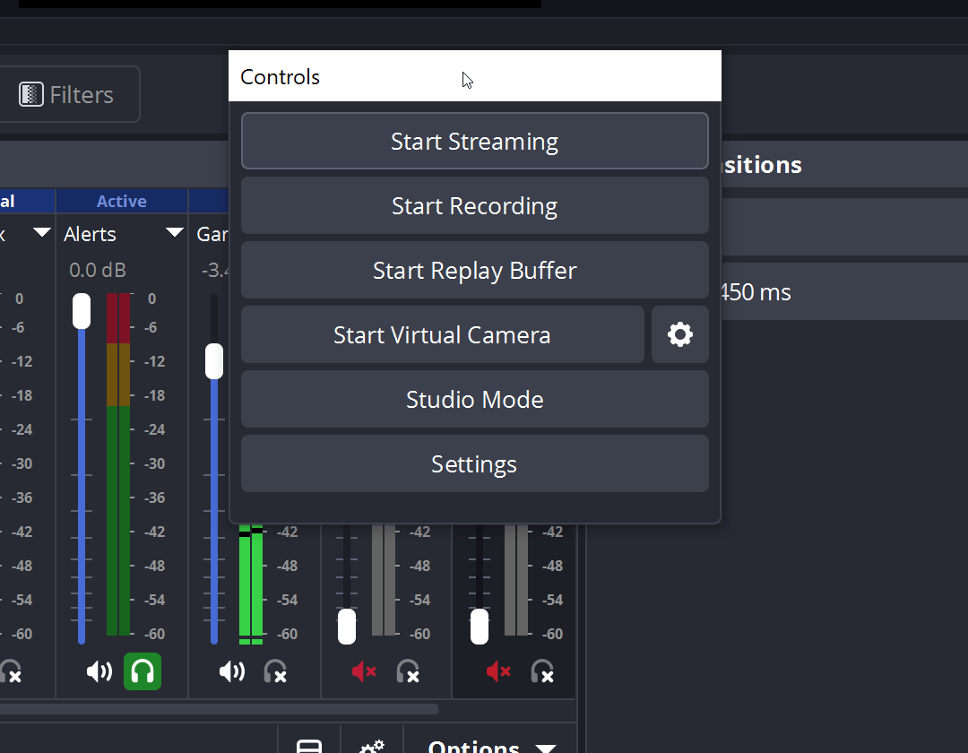 Панель управления OBS Studio с командами Start Recording, Start Streaming и Settings