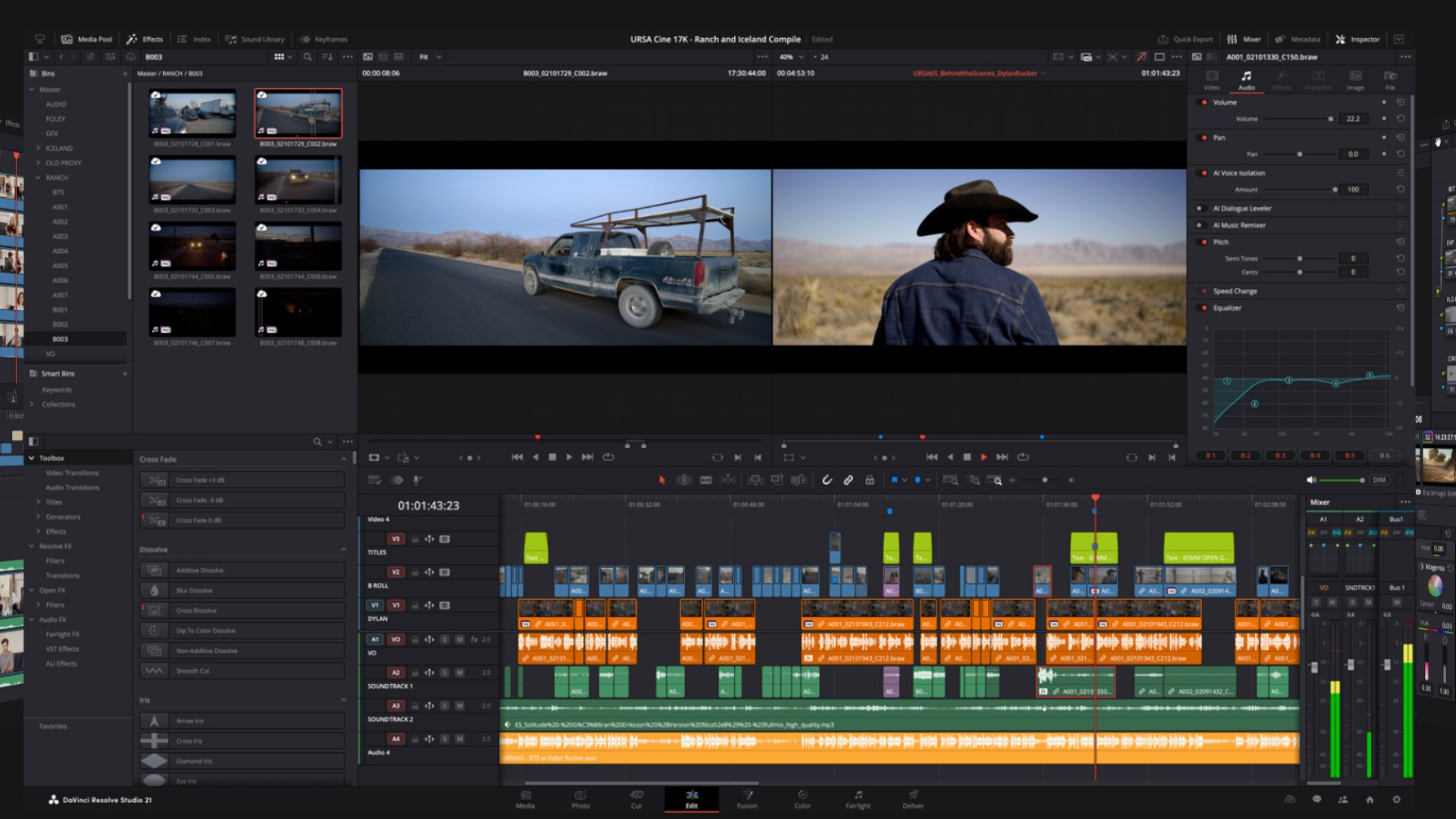 DaVinci Resolve на странице Edit с окном просмотра и многодорожечным таймлайном