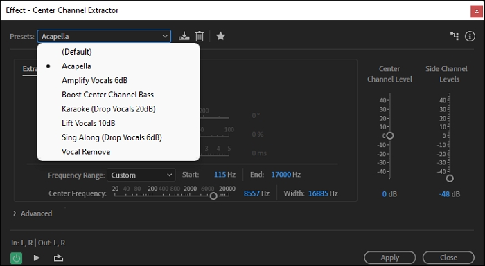 Окно Center Channel Extractor в Adobe Audition с пресетами Acapella и Vocal Remove