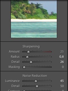 Панель Detail в Adobe Lightroom с настройками резкости и шумоподавления