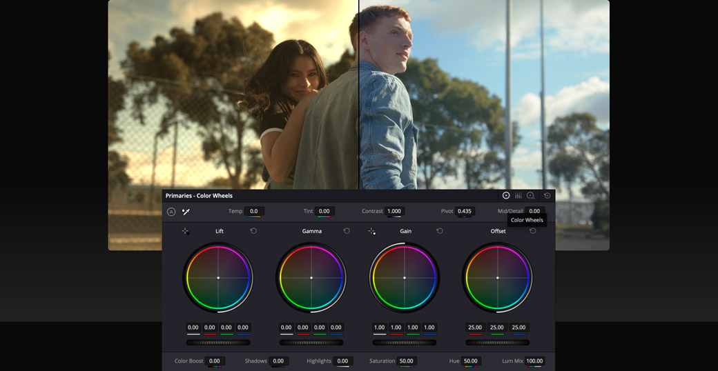 Страница цветокоррекции DaVinci Resolve с профессиональными инструментами
