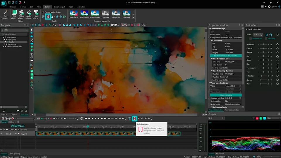 Интерфейс VSDC Free Video Editor с подсказкой Split into parts