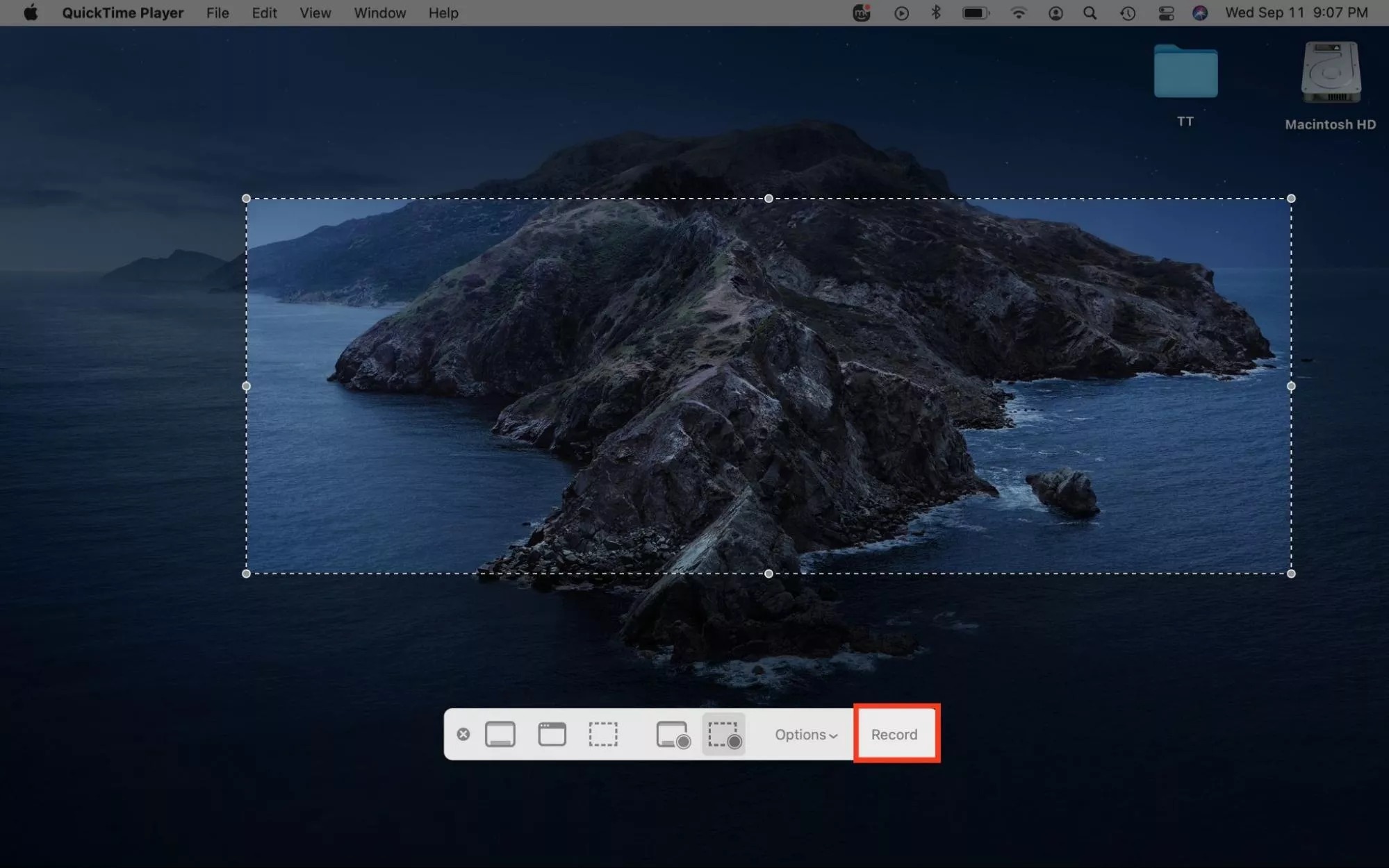 Панель записи экрана macOS, открытая из QuickTime Player