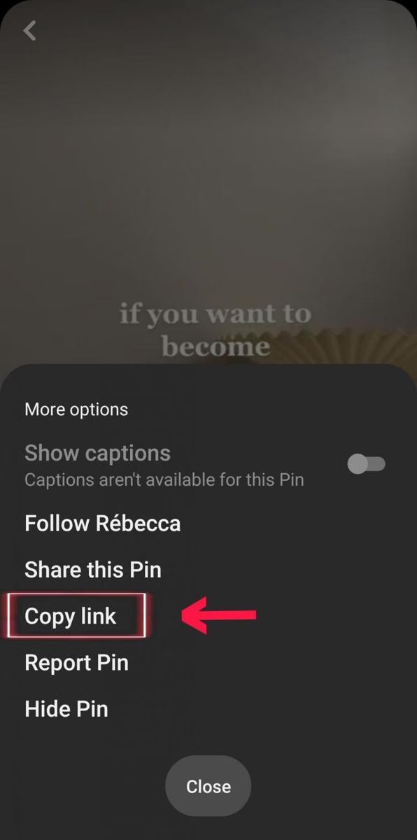 Пункт Copy link в меню Pinterest для копирования ссылки на пин