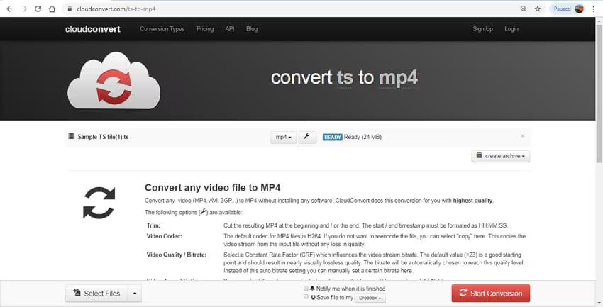 Интерфейс CloudConvert для онлайн-конвертации TS в MP4
