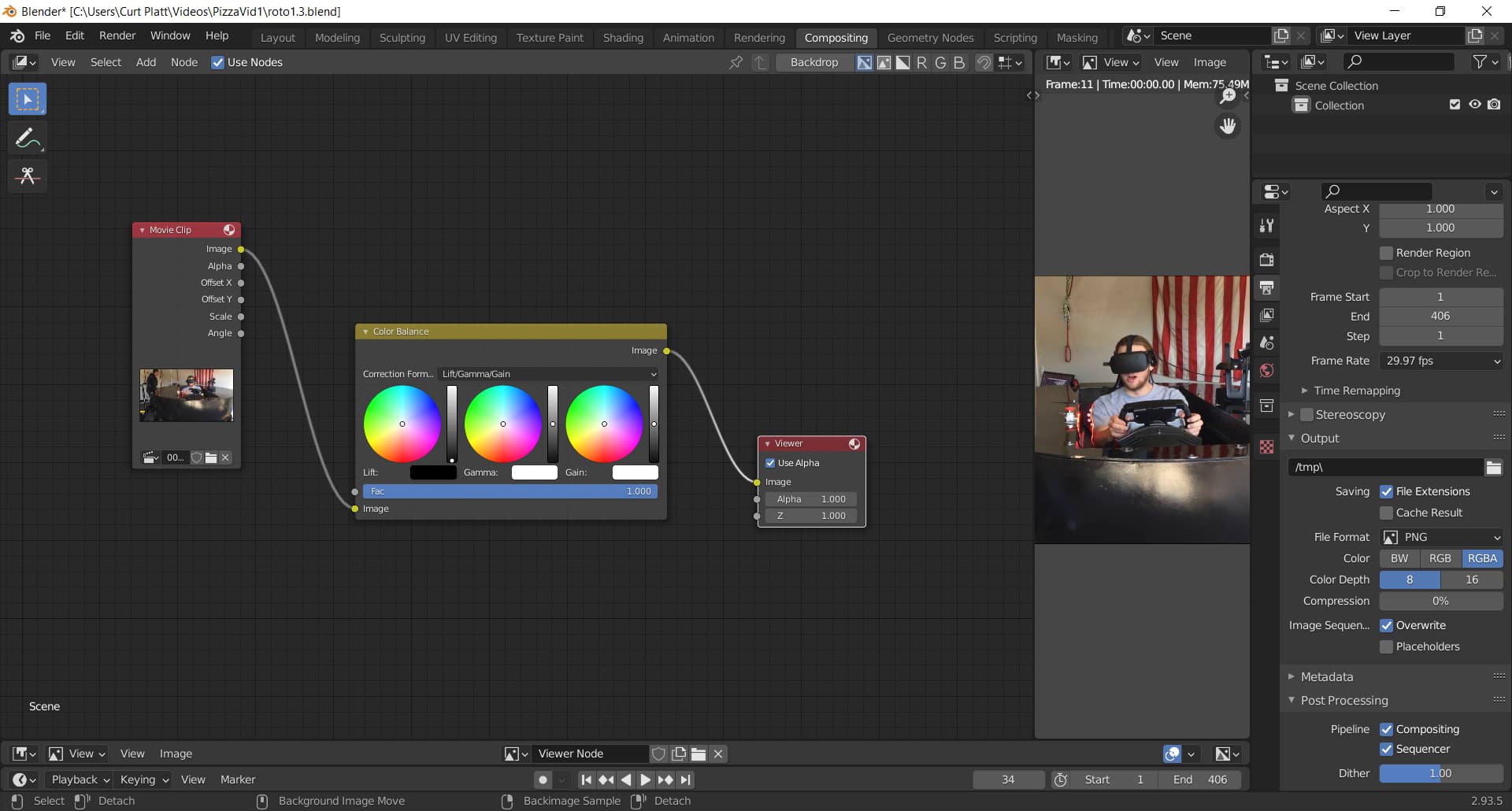 Нодовый Compositor в Blender с Movie Clip, Color Balance и Viewer