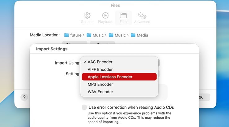 Настройки импорта приложения Музыка на Mac с AAC Encoder