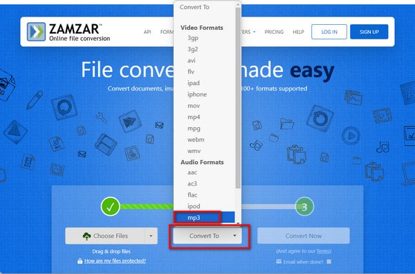 Интерфейс Zamzar с выбором MP3 как выходного формата