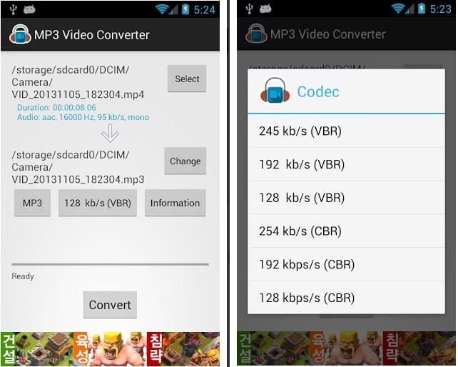 Интерфейс MP3 Video Converter с выбором видео, формата MP3 и битрейта