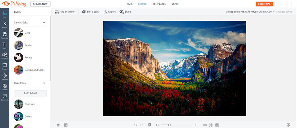 Интерфейс PicMonkey с фотографией и инструментами редактирования