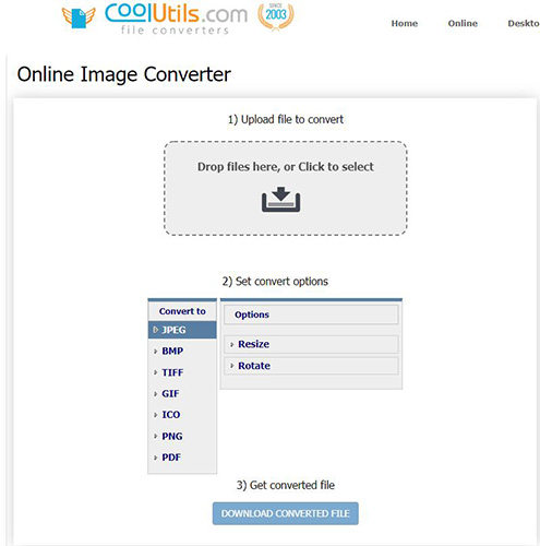 Интерфейс CoolUtils Online Image Converter с выбором формата