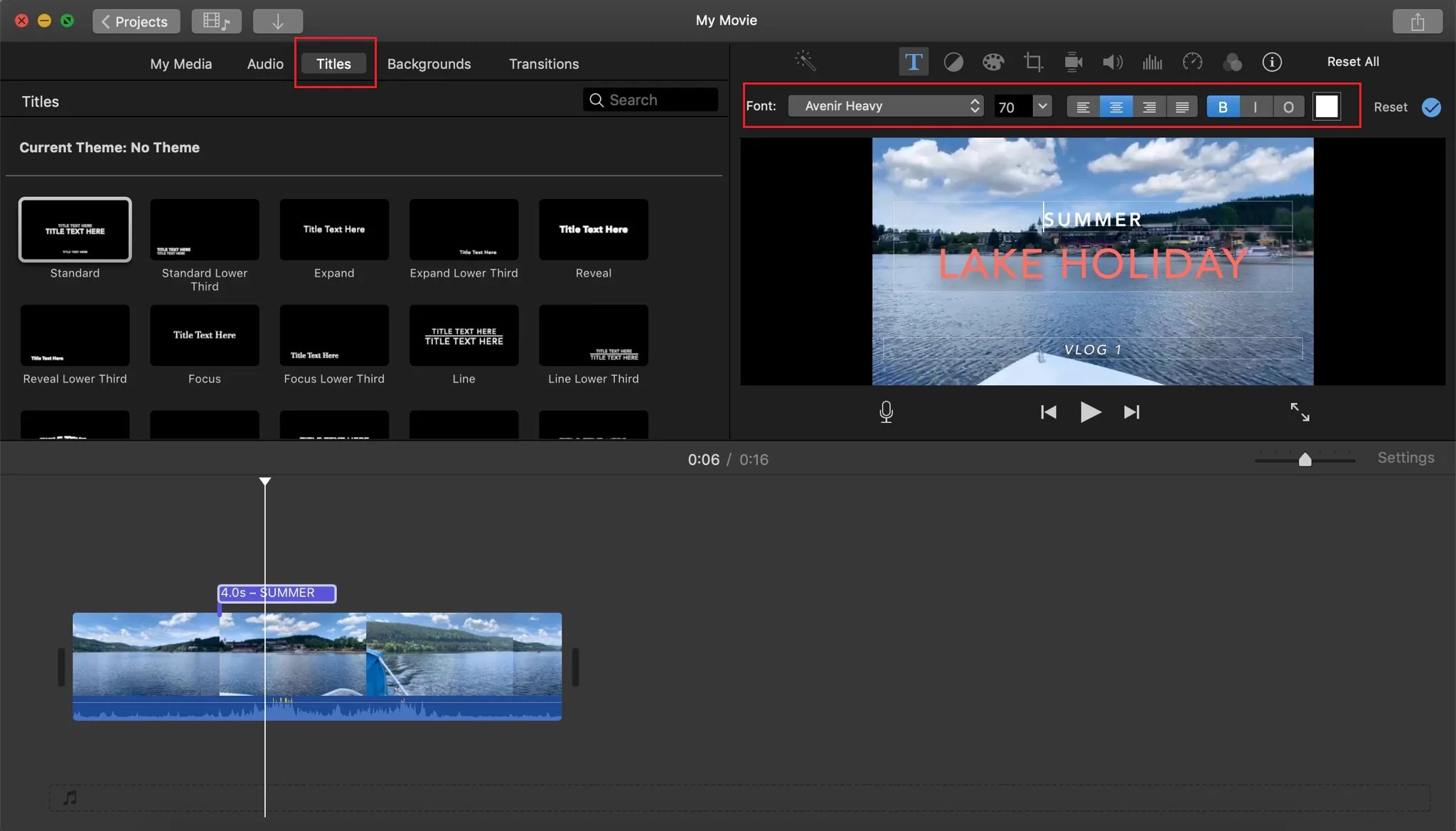 Вкладка Titles и временная шкала iMovie на Mac