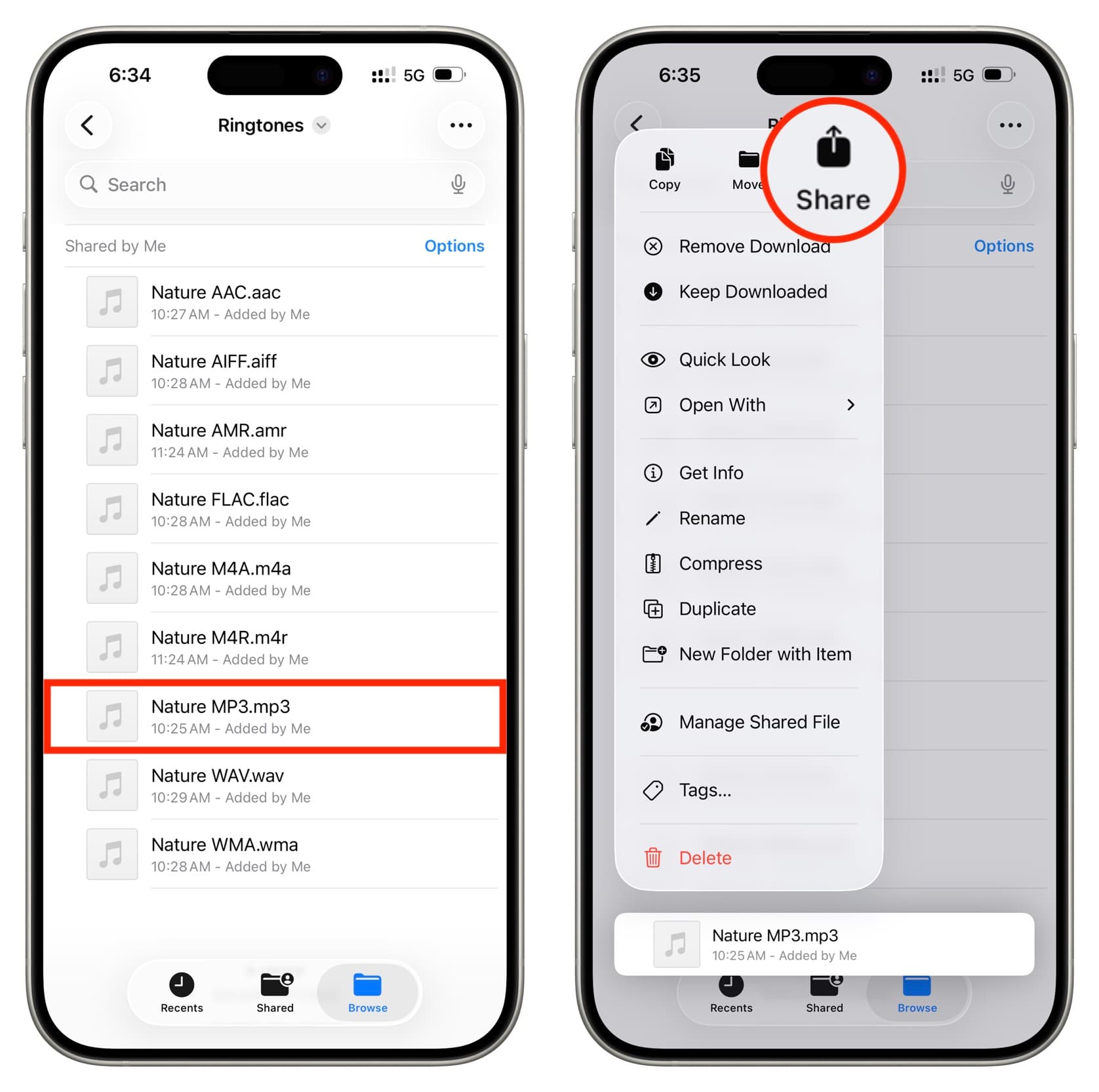 Приложение Файлы на iPhone и команда Share в меню аудиофайла