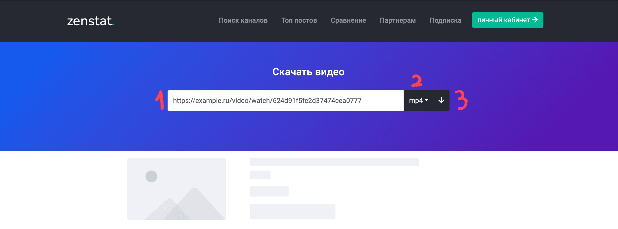 Форма Zenstat для вставки ссылки и выбора MP4 перед скачиванием видео
