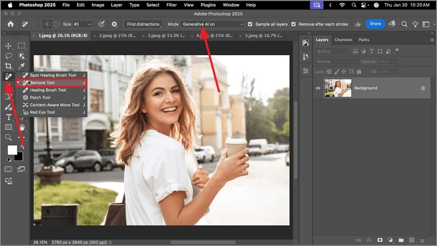 Adobe Photoshop с выбранным Remove Tool и режимом Generative AI