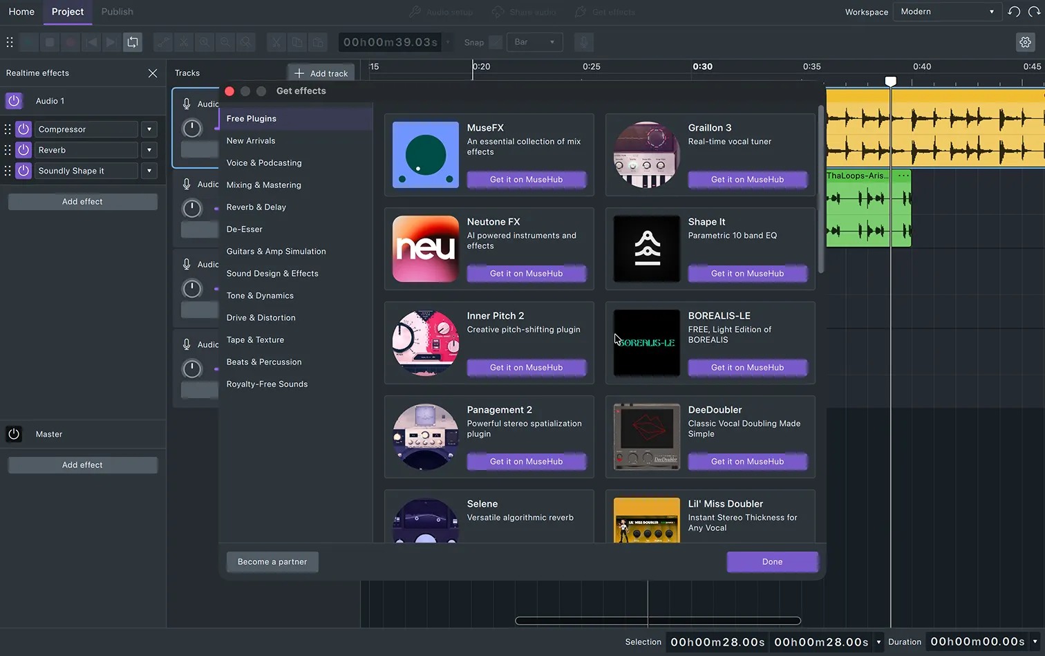 Интерфейс Audacity 4 с дорожками и панелью эффектов