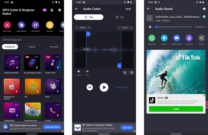 Интерфейс MP3 Cutter and Ringtone Maker от InShot Inc. с экраном Audio Cutter