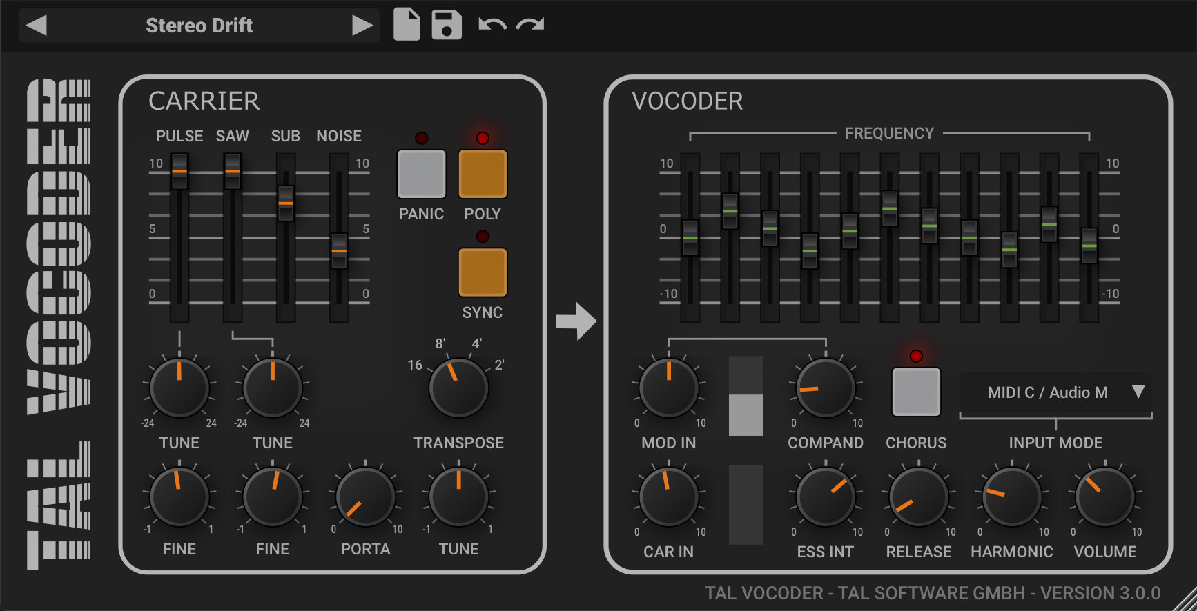 Интерфейс TAL-Vocoder 3 с секциями Carrier, Modulator и полосами эквалайзера