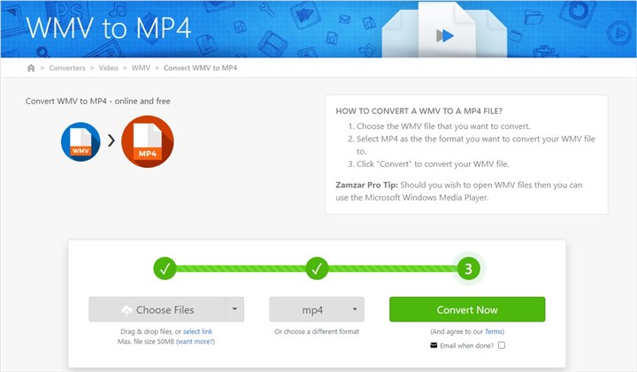 Страница Zamzar для конвертации WMV в MP4 с кнопками Choose Files и Convert Now
