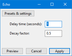 Диалог Echo в Audacity с параметрами Delay time и Decay factor