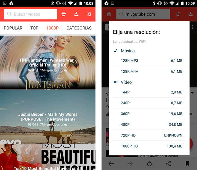 Мобильный интерфейс Snaptube с выбором разрешения видео и аудио