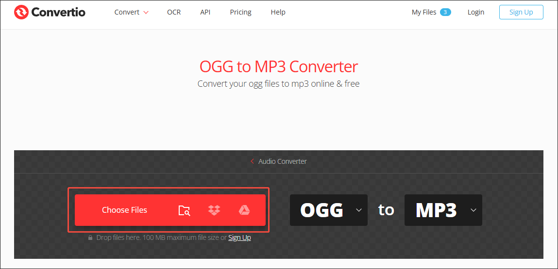 Страница Convertio OGG to MP3 с кнопкой Choose Files и выбранными форматами