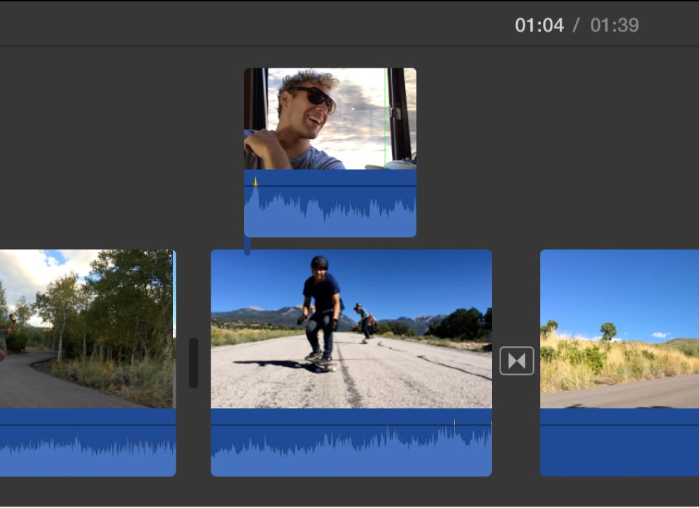 Верхний связанный клип над основным видео на таймлайне iMovie