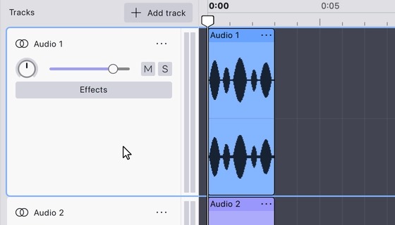 Панель стереодорожки Audacity с регуляторами громкости и панорамы