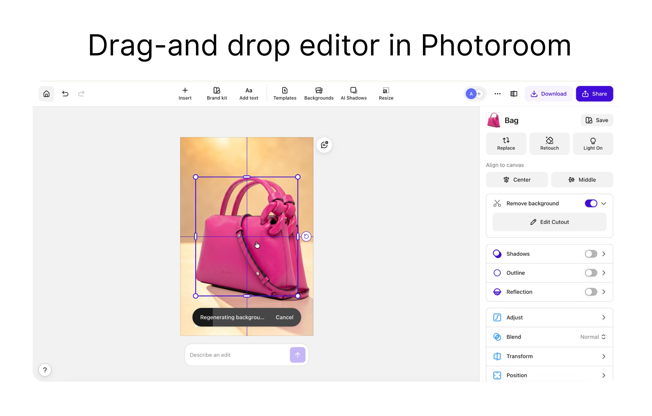 Редактор Photoroom с товарной фотографией и инструментами фона