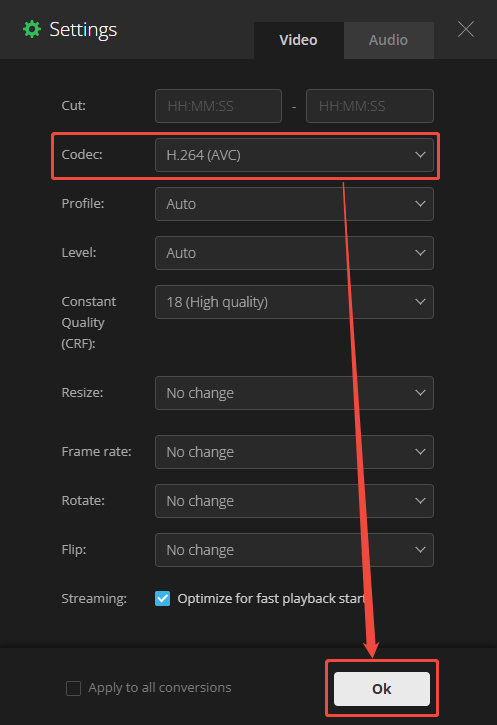 Настройки видео Convertio с H.264, CRF, Resize и Frame rate