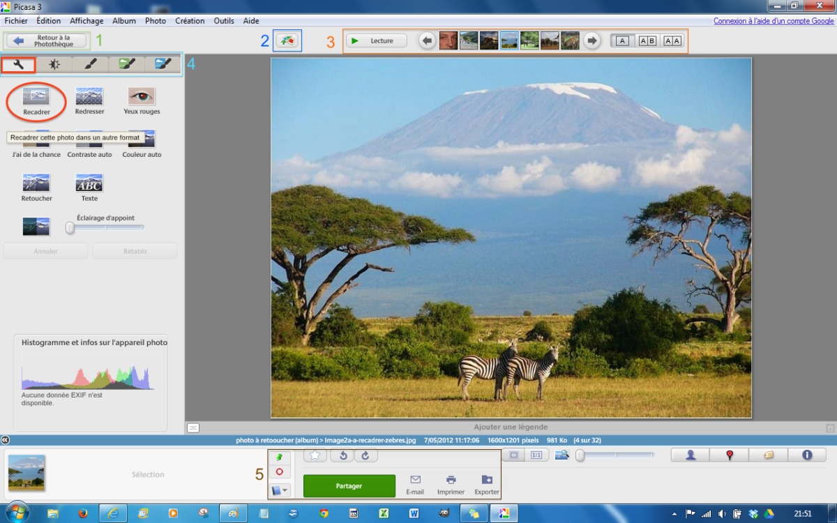 Picasa 3.9 в Windows 7 с открытым инструментом кадрирования