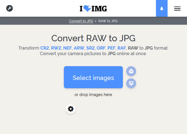 Интерфейс iLoveIMG Convert RAW to JPG с кнопкой Select images