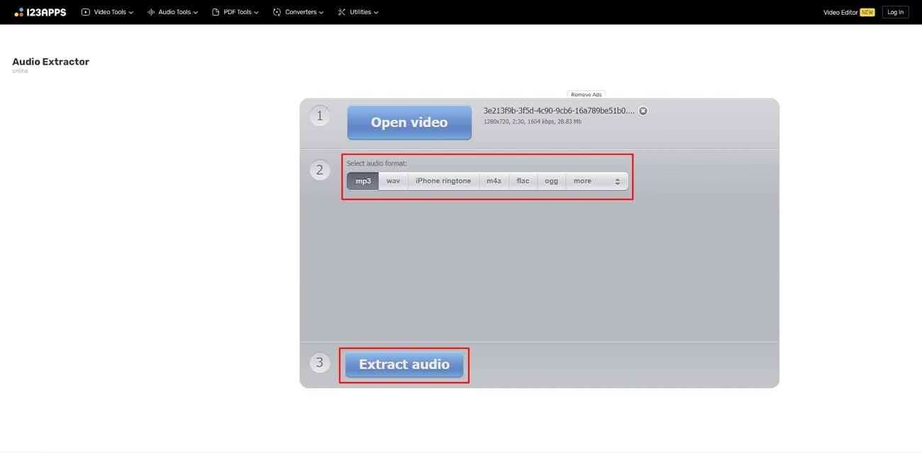 Интерфейс 123apps Audio Extractor с кнопками Open video и Extract audio