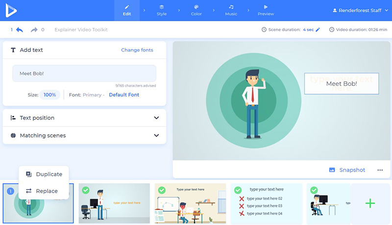 Интерфейс Renderforest Video Maker со сценами, настройками стиля и музыки