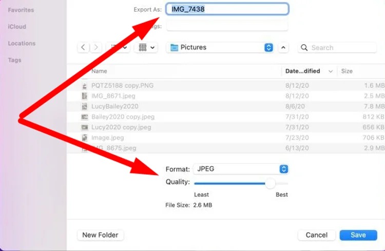 Экспорт изображения в JPEG через Preview на Mac