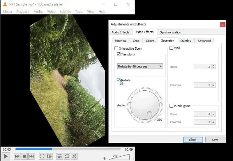 Окно VLC с вкладкой Geometry и параметрами Transform и Rotate