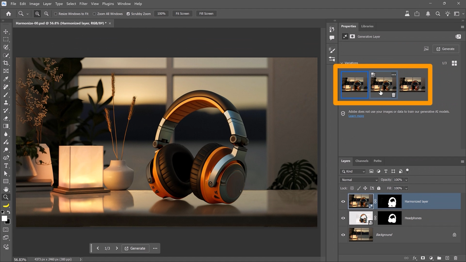 Интерфейс Adobe Photoshop с результатами Harmonize