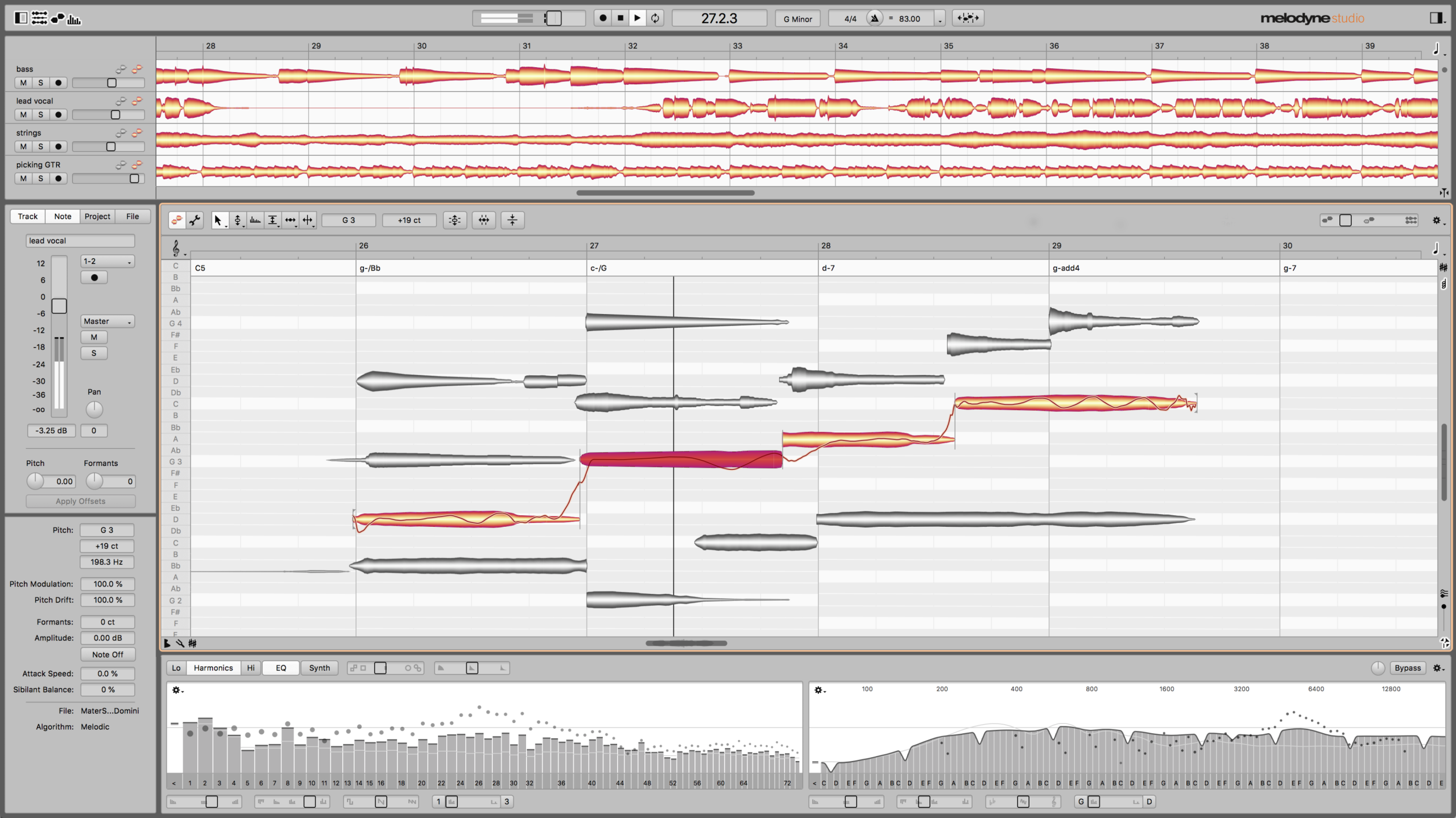 Интерфейс Melodyne 5 Studio с вокальными нотами в виде blobs