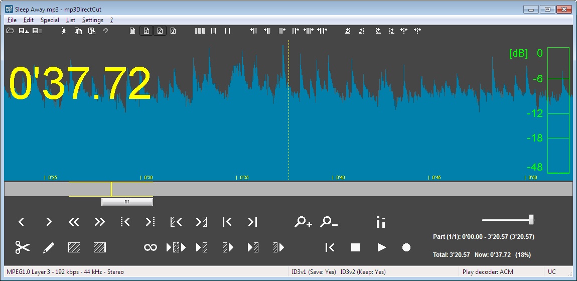 Интерфейс mp3DirectCut 2.40 с MPEG-графиком, таймером и кнопками точного монтажа