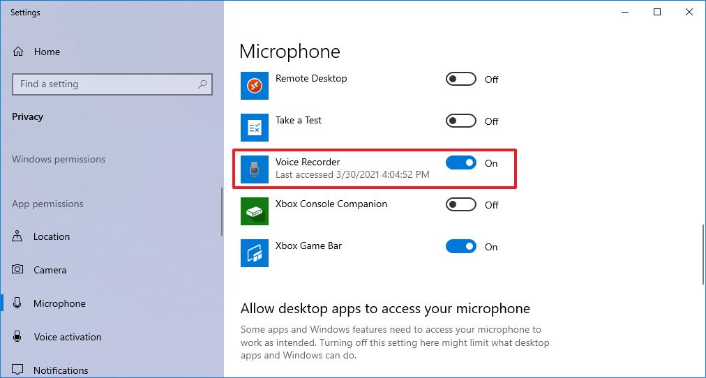 Разрешения микрофона для Voice Recorder в параметрах конфиденциальности Windows 10