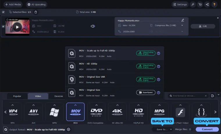 Интерфейс Movavi Video Converter с загруженным роликом и списком выходных профилей