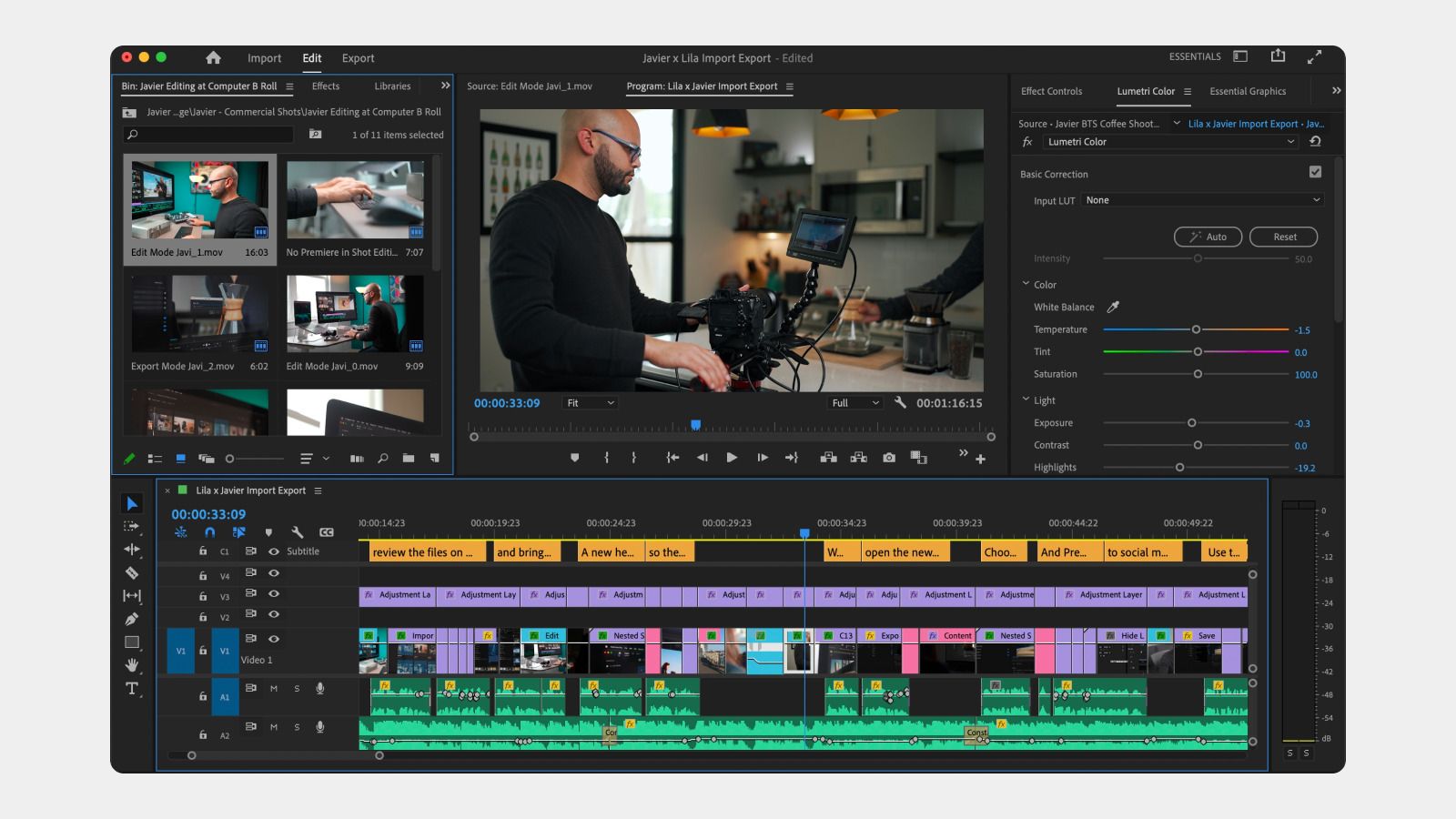 Рабочее пространство Adobe Premiere Pro с окном просмотра и многодорожечным таймлайном