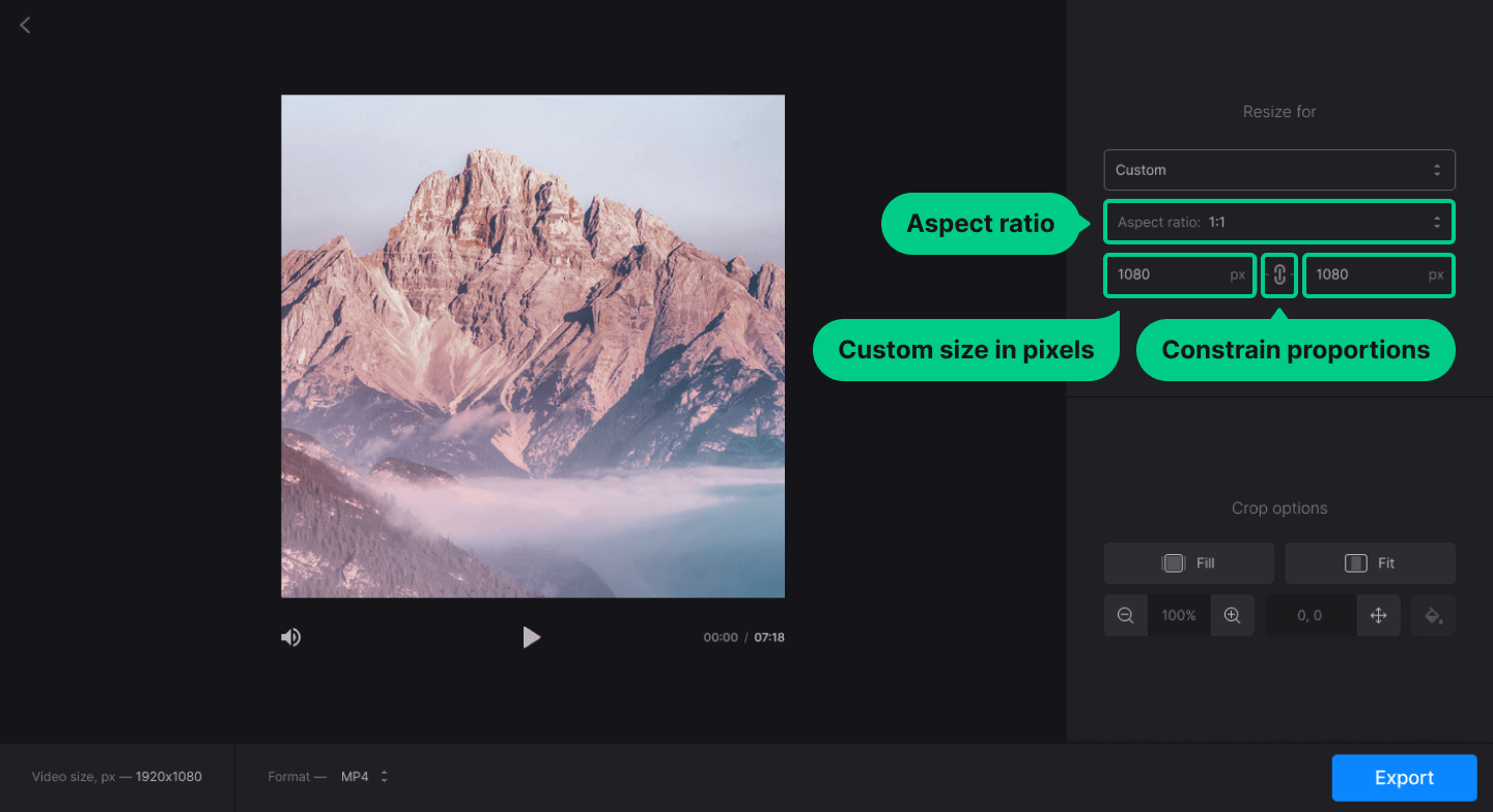 Clideo Resize Video в режиме Custom с полями ширины и высоты