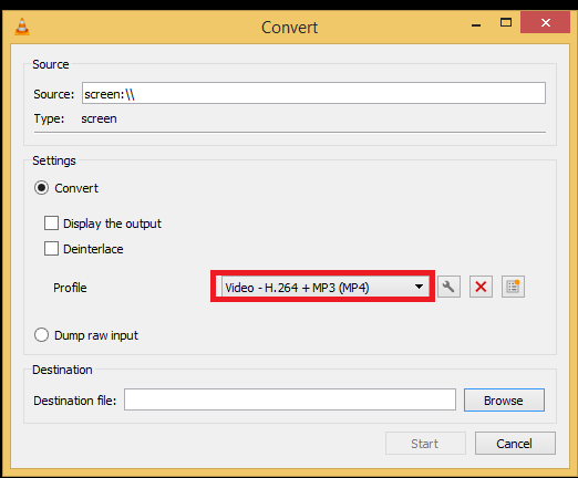 Окно Convert в VLC с профилем Video H.264 plus MP3 MP4
