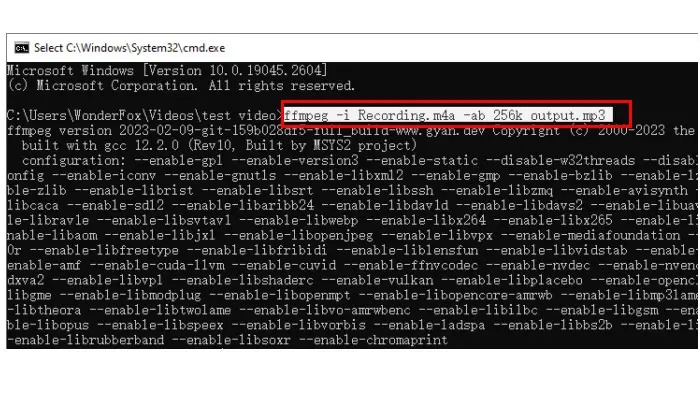 Окно командной строки с выполнением FFmpeg и кодированием аудио в MP3