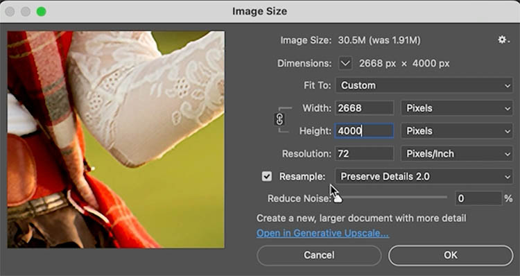 Диалог Image Size в Adobe Photoshop с Resample Preserve Details 2.0