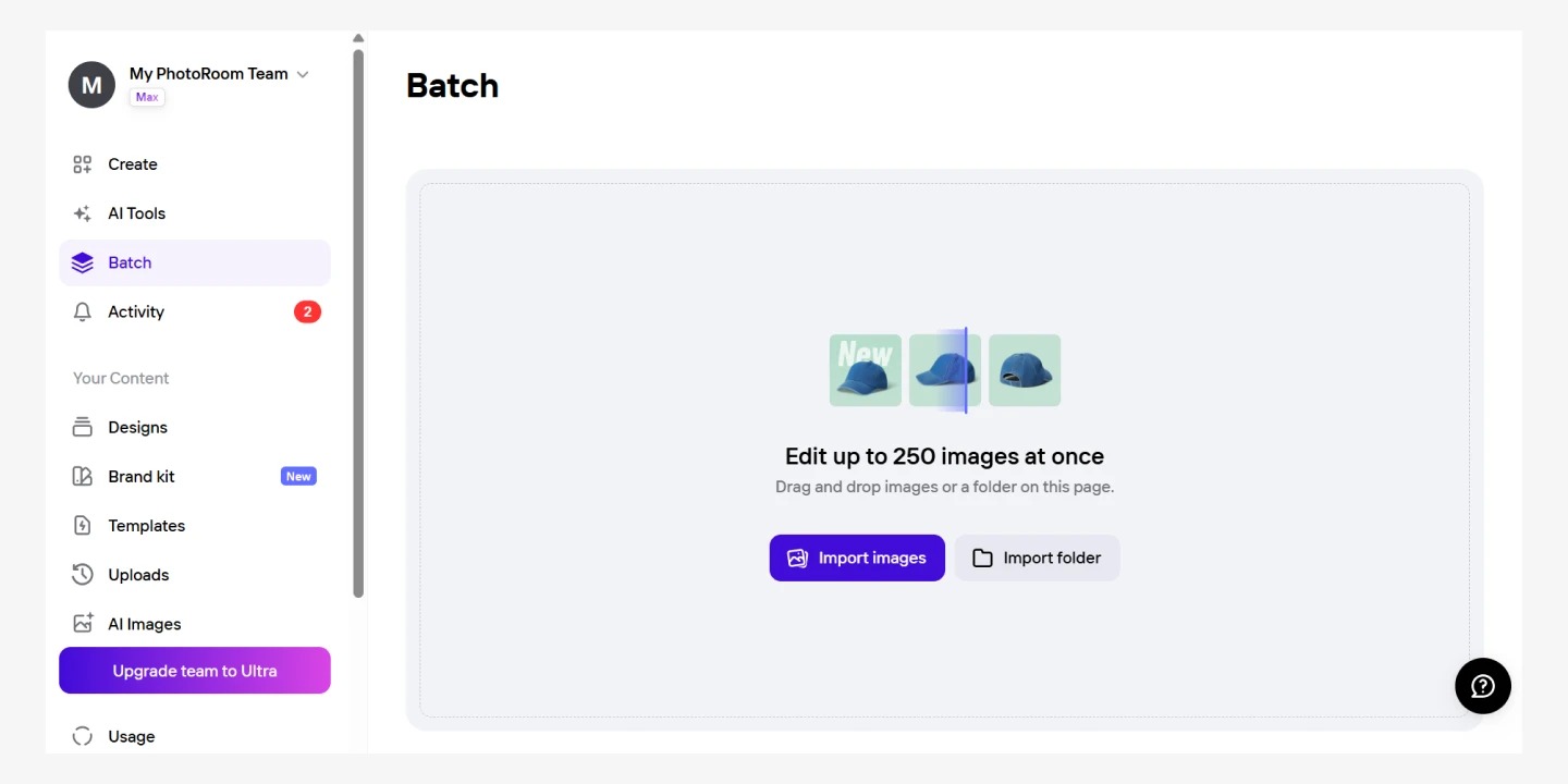 Веб-интерфейс Photoroom Batch с импортом серии изображений