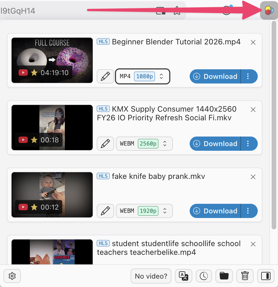 Панель Video DownloadHelper с обнаруженными видеопотоками